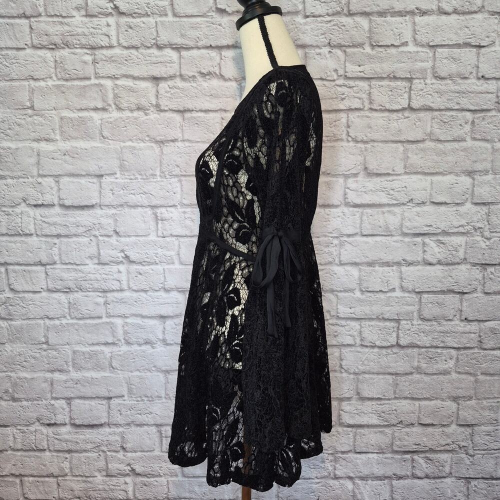Free People Ruby Lace black mini dress bell sleeves fit flare round neckline  XS - Picture 6 of 10
